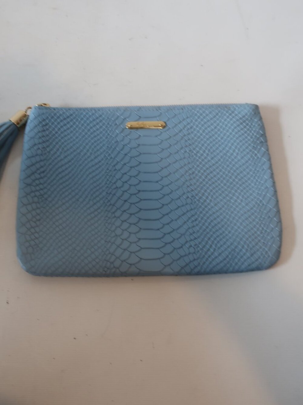 NWI Womens Gigi New York Blue Leather Python Embossed Zip Clutch Handbag​